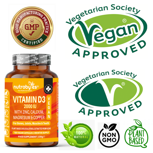 Vegan Vitamin D3 2000 IU | with Calcium, Magnesium, Zinc & Copper | 180 Capsules | 3-Month Supply