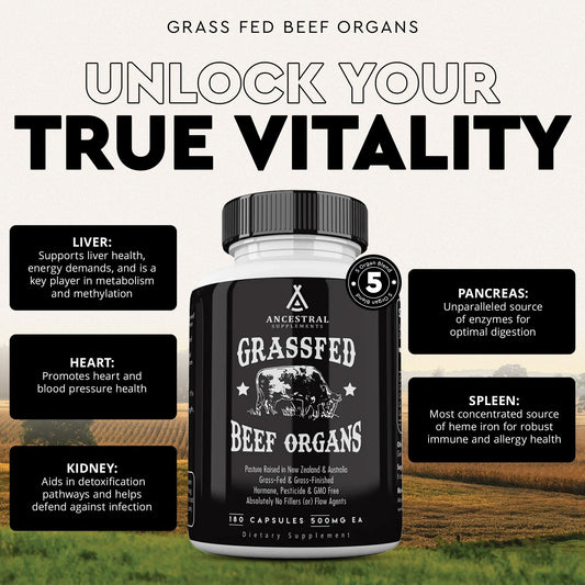 Ancestral Supplements Órganos de Res Alimentado con Pasto 180 cápsulas | Mezcla de 5 Órganos