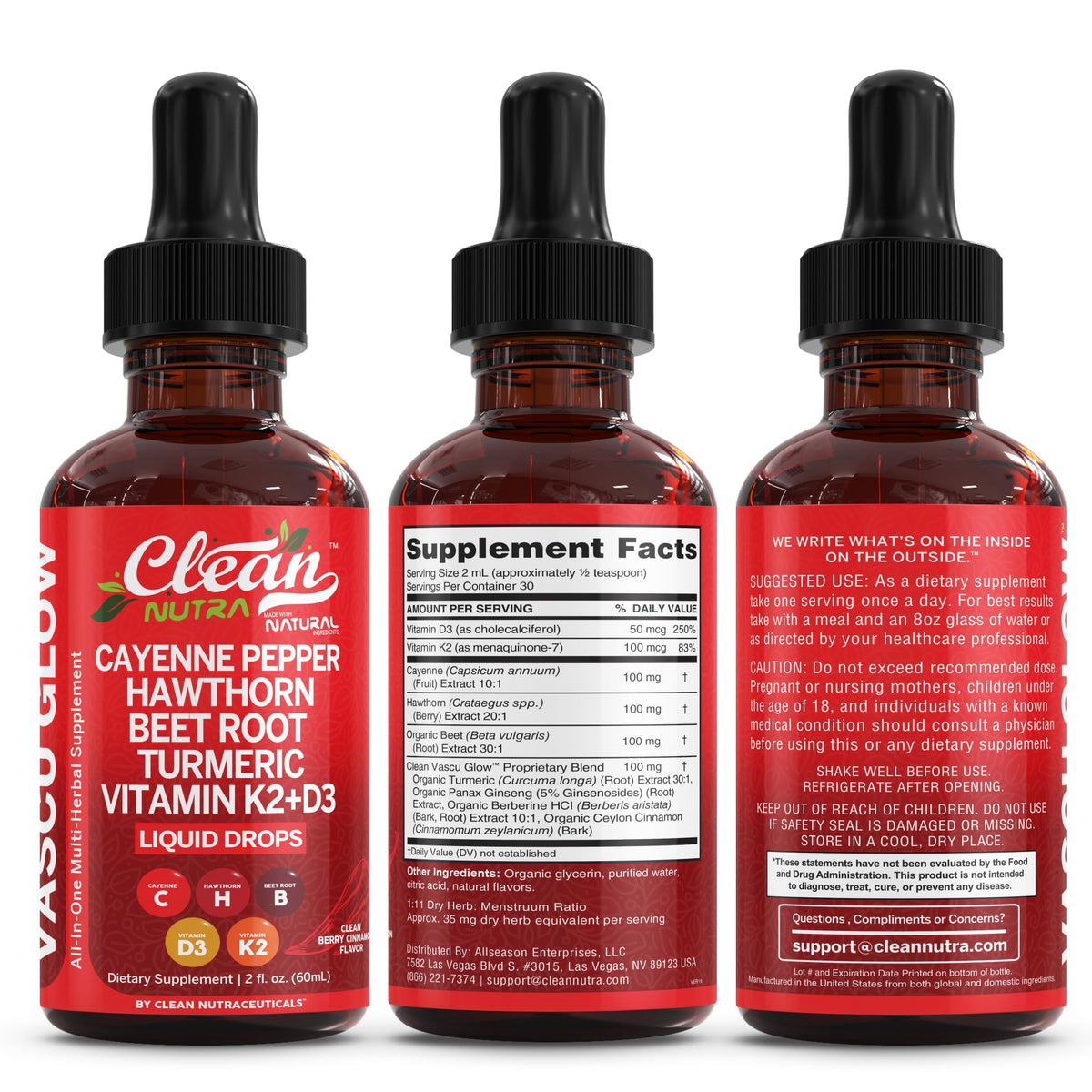Gotas Líquidas de Pimienta de Cayena Clean Nutra con Baya de Espino, D3, K2 y Cúrcuma (Paquete de 2)