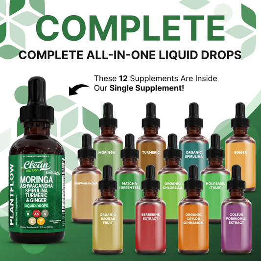 Clean Nutra PlantFlow Gotas Líquidas de Moringa con Ashwagandha y Espirulina