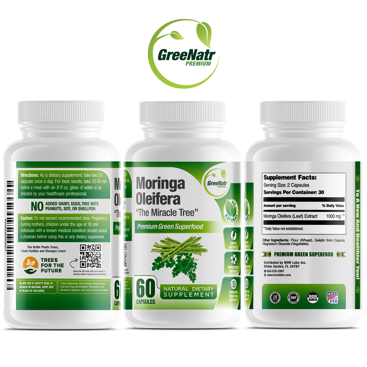 GreeNatr Cápsulas de Moringa Oleifera Pura 1000mg | Paquete de 3 Frascos