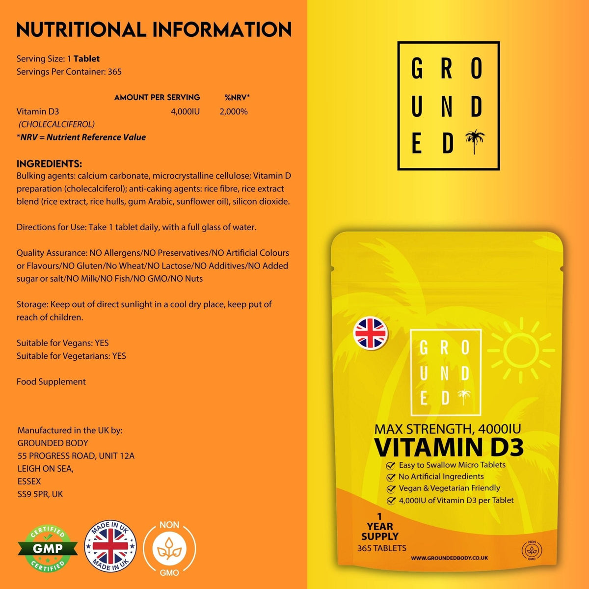 Grounded Vitamin D3 4000 IU – 365 Tablets, High-Strength Daily Supplement