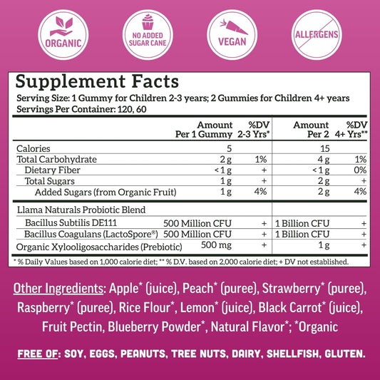Gomitas probióticas + prebióticas para niños Llama Naturals – Veganas | 120 unidades