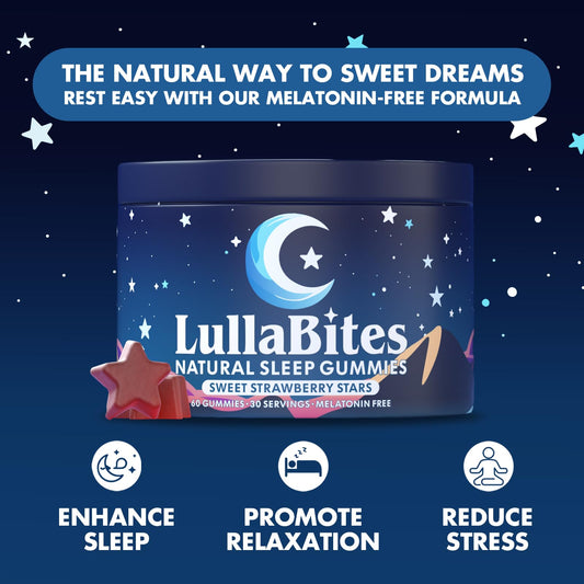 LullaBites Gomitas Naturales para Dormir – Sin Melatonina, 5-HTP y L-Teanina | Veganas y Halal | Fresa | 60 Gomitas