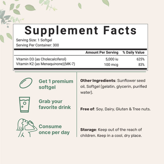 Micro Ingredients Vitamina D3 5000UI + K2 MK-7 100mcg | Paquete de 2 con 600 cápsulas blandas