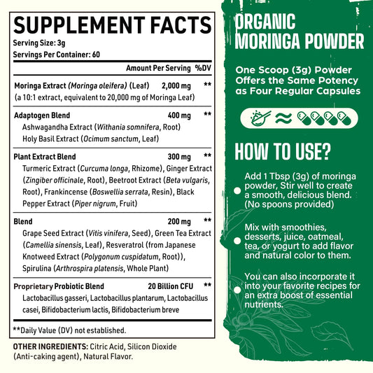 Moringa Orgánica en Polvo 2000mg Superalimento Verde 18 en 1 | 60 Porciones