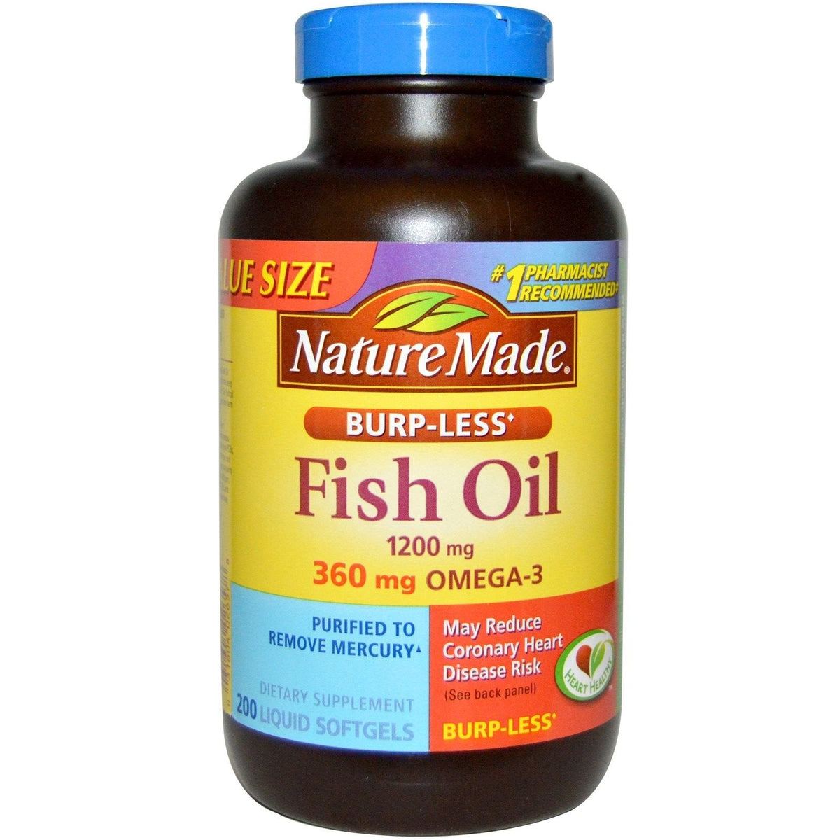 Nature Made Burp-Less Aceite de Pescado 1200 mg — 360 mg Omega-3 por Cápsula Blanda, Paquete de 2 (200 unidades c/u)