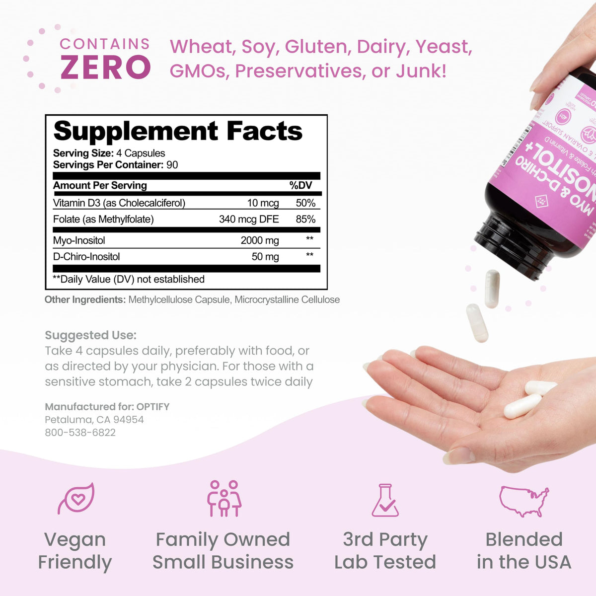 Optify Inositol para mujeres – Suministro para 90 días, Myo-inositol a D-Chiro inositol 40:1, folato y vitamina D