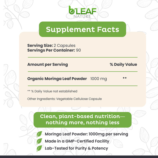 Cápsulas de moringa orgánica B'Leaf Nature 1000 mg | 180 cápsulas veganas sin OMG