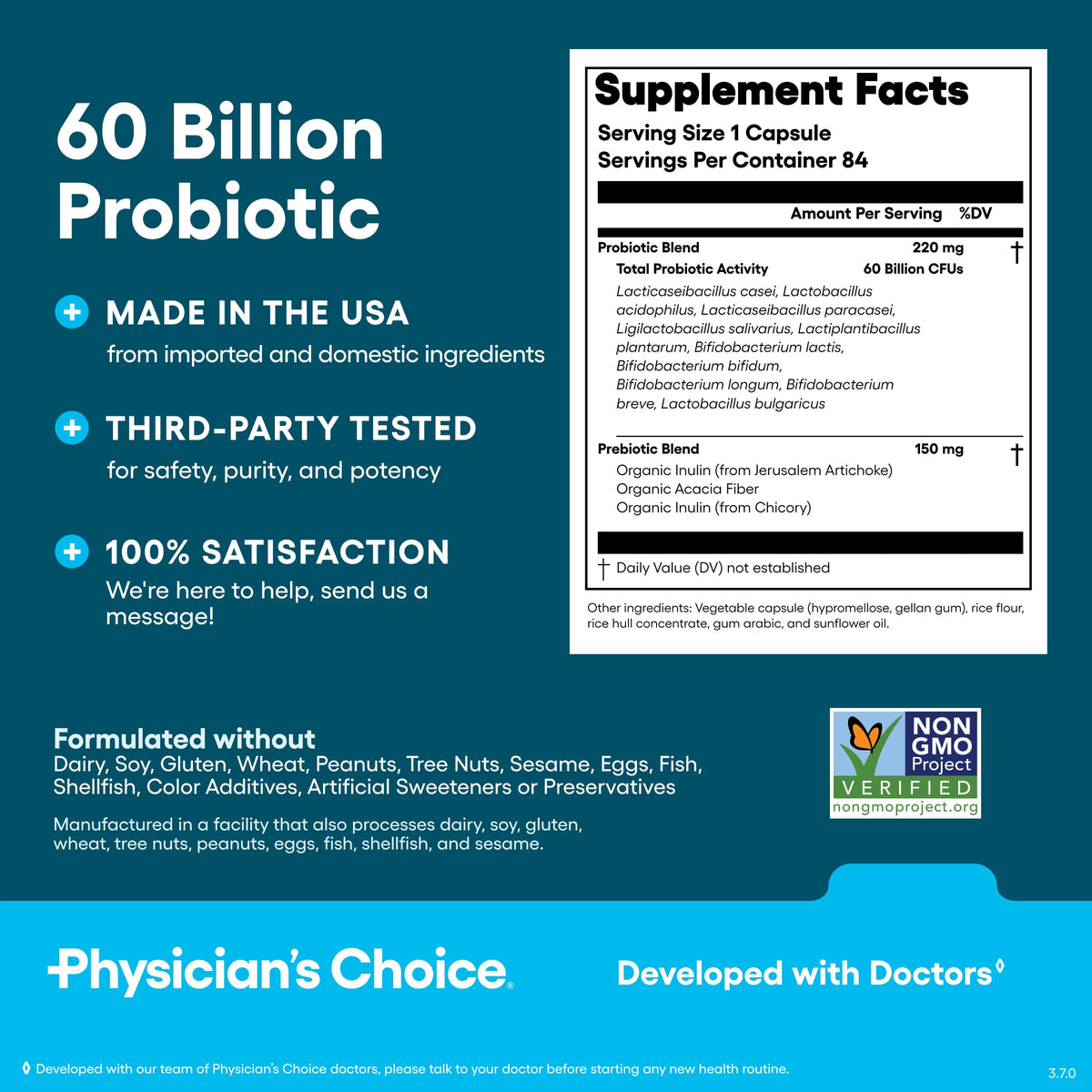 Physician's CHOICE Probióticos 60 mil millones de UFC – 10 Cepas + Prebióticos Orgánicos | 84 unidades