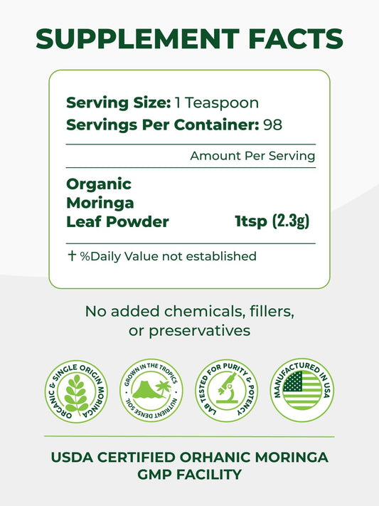 Pura Vida Organic Moringa en Polvo 8oz | Un Solo Origen Orgánico USDA