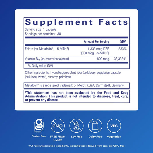 Pure Encapsulations B12 Folato — Apoyo Energético y Cognitivo, 30 Cápsulas