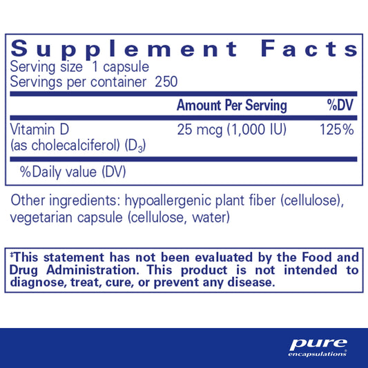 Pure Encapsulations Vitamin D3 25 mcg (1,000 IU) – Supports Bone, Immune, Heart & Colon Health | 250 Capsules - Calm Era