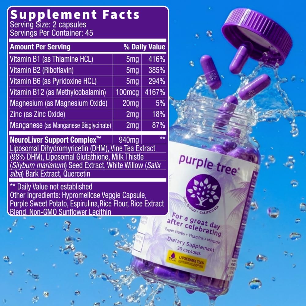 Purple Tree Post-Celebration Wellness Supplement | Liposomal DHM & Glutathione | 90 Pills - Calm Era