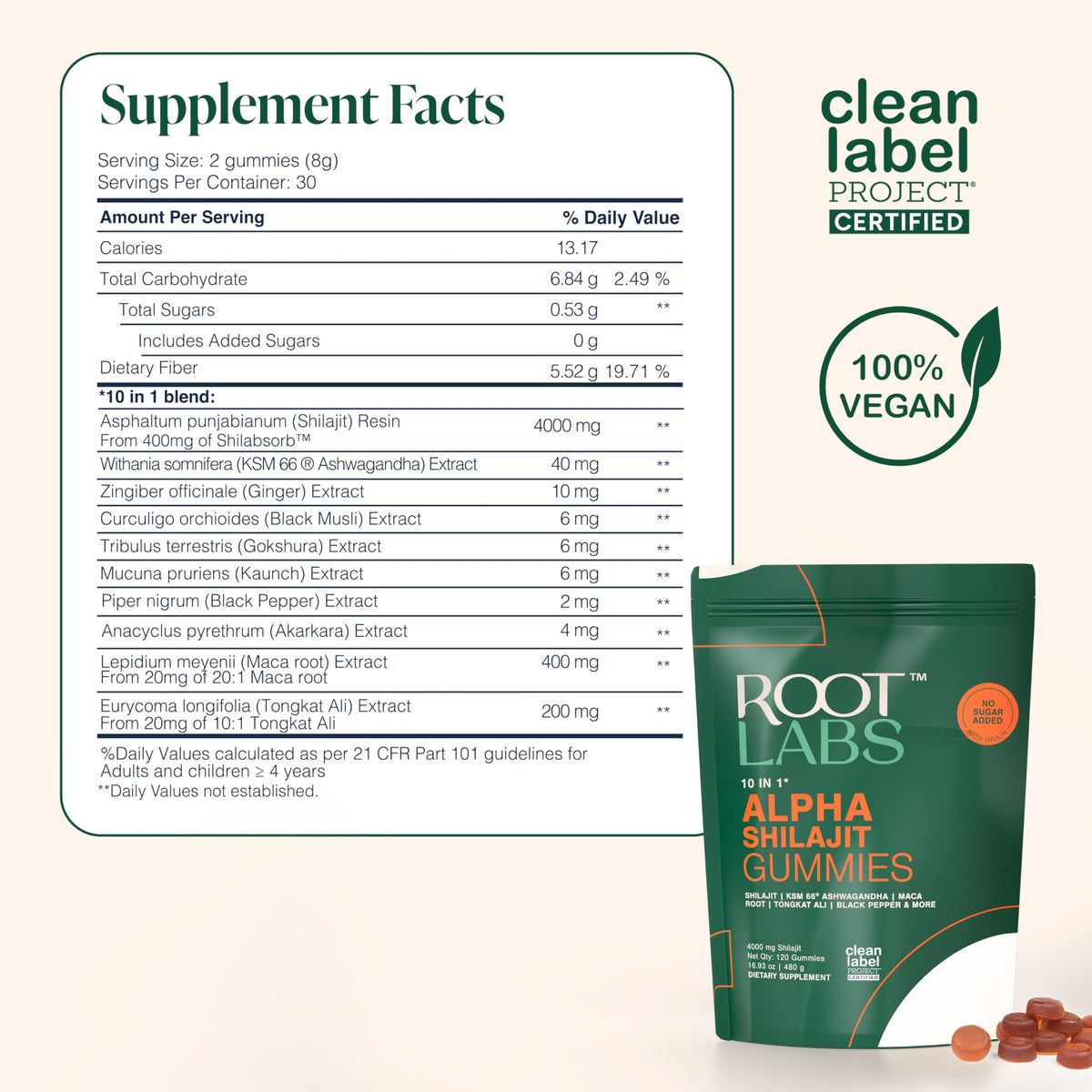 Gomitas de Shilajit Alpha 10 en 1 de ROOT LABS – 4000 mg, veganas y sin azúcar, paquete de 120 unidades