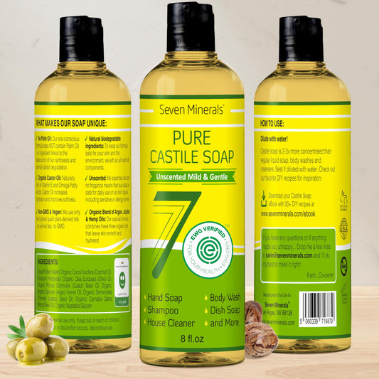 Seven Minerals Jabón de Castilla Puro — Sin Perfume, Piel Sensible, 8oz