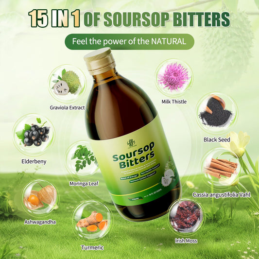 Soursop Bitters Líquido Mezcla de 15 Hierbas con Moringa y Semilla Negra 16fl oz