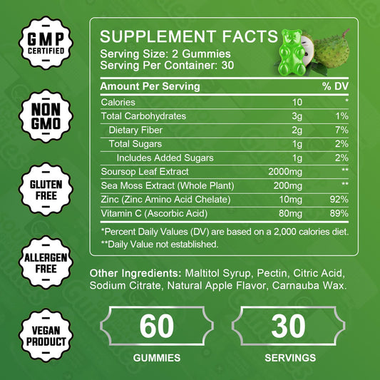 Soursop Graviola Gummies 2200mg — Sea Moss, Vitamin C & Zinc, 2 Pack - Calm Era