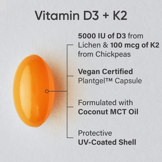 Sports Research Vitamin D3 + K2 with Coconut Oil – Vegan, 5000 IU D3, 100 mcg MK-7, 120 Softgels - Calm Era