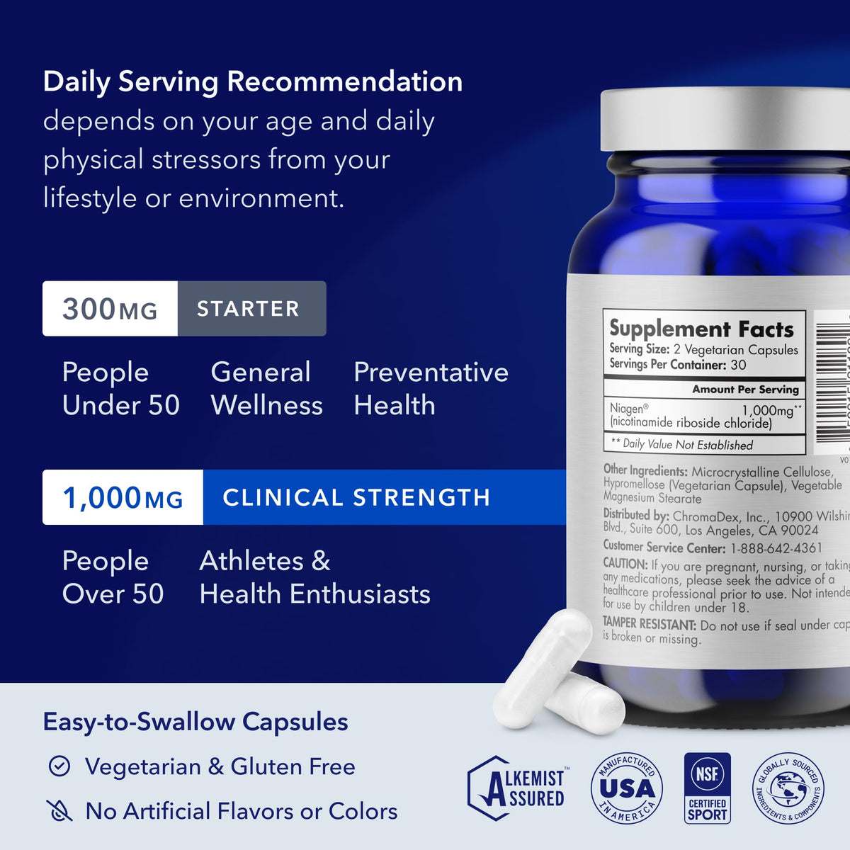 Suplemento TRU NIAGEN PRO NAD+ – Antienvejecimiento, Energía Celular, 2x500mg Niagen (NR), 30 Porciones