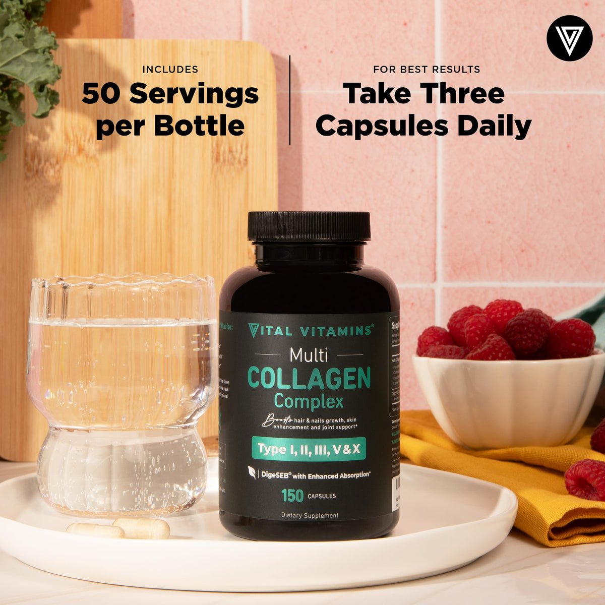 Vital Vitamins Pastillas de colágeno múltiple para mujeres y hombres (paquete de 2) - Péptidos de colágeno hidrolizado - Tipo I, II, III, V, X - Alimentado con pasto, sin OGM