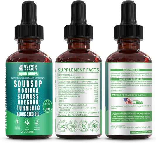 Gotas Líquidas Amargas de Guanábana 10 en 1 con Moringa y Ashwagandha 2 fl oz