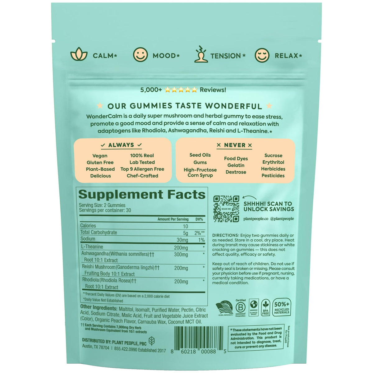 Gomitas de hongos WonderCalm de Plant People – Ashwagandha para el estrés y el estado de ánimo | Melocotón | Vegano, sin gluten | 60 unidades