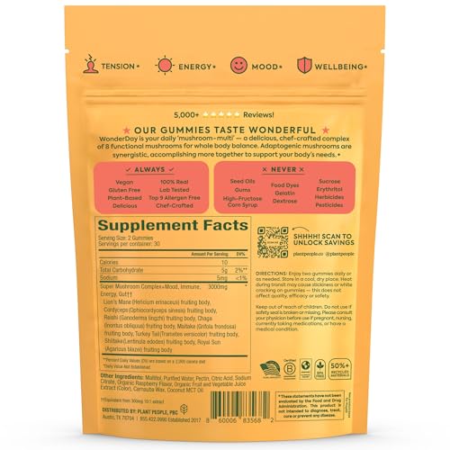 Plant People WonderDay Mushroom Gummies – Melena de león, Cordyceps y Chaga | Inmunidad, Energía y Ánimo | Vegano | 60 unidades