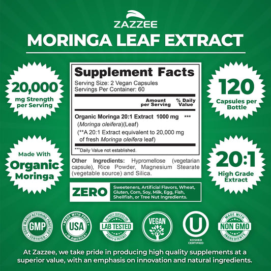 Zazzee Moringa Orgánico Extracto 20:1 20.000mg | 120 Cápsulas Veganas