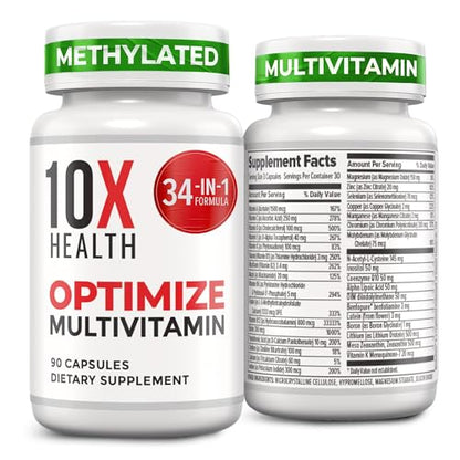 10X Health System Optimize Multivitamin for Men – 90 Capsules | 34-in-1 Methylated Formula, 5-MTHF, NAC, 800 mcg B12 - Calm Era