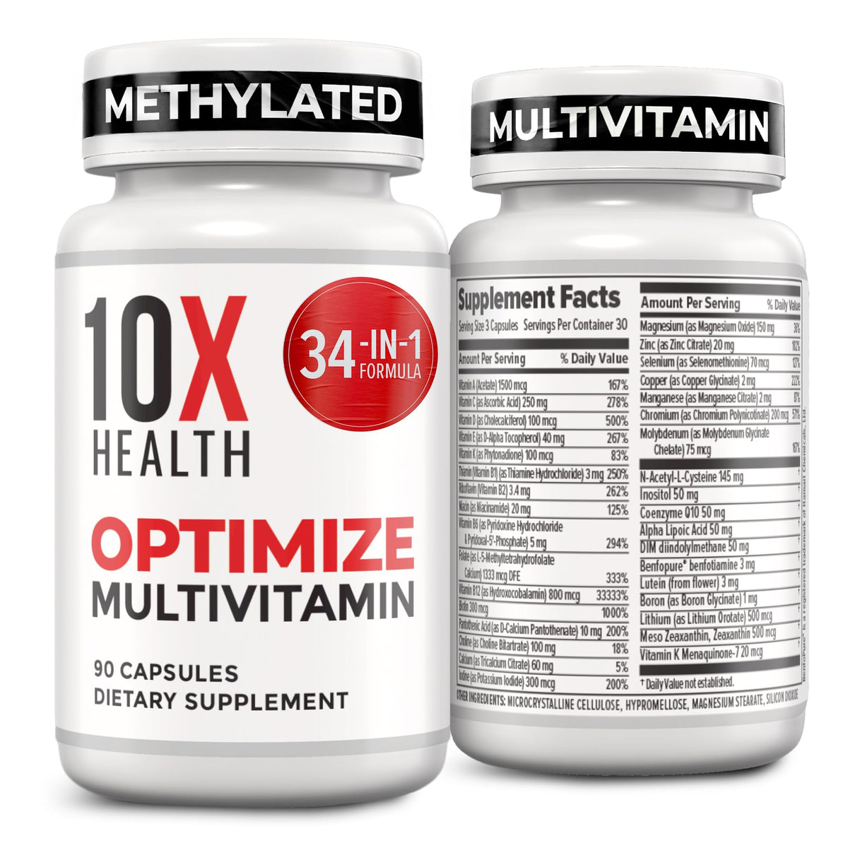 10X Health System Optimize Multivitamin for Men – 90 Capsules | 34-in-1 Methylated Formula, 5-MTHF, NAC, 800 mcg B12 - Calm Era