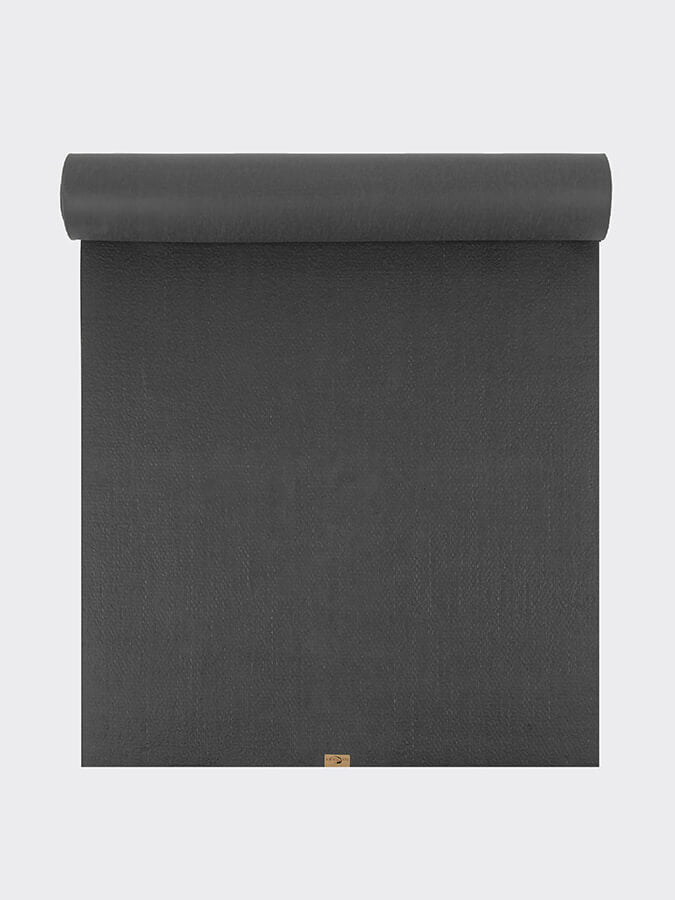 Dark gray yoga mat with a brand logo on a light gray background
