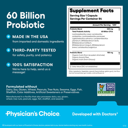Physician's CHOICE Probióticos 60 mil millones de UFC – 10 Cepas + Prebióticos Orgánicos | 84 unidades