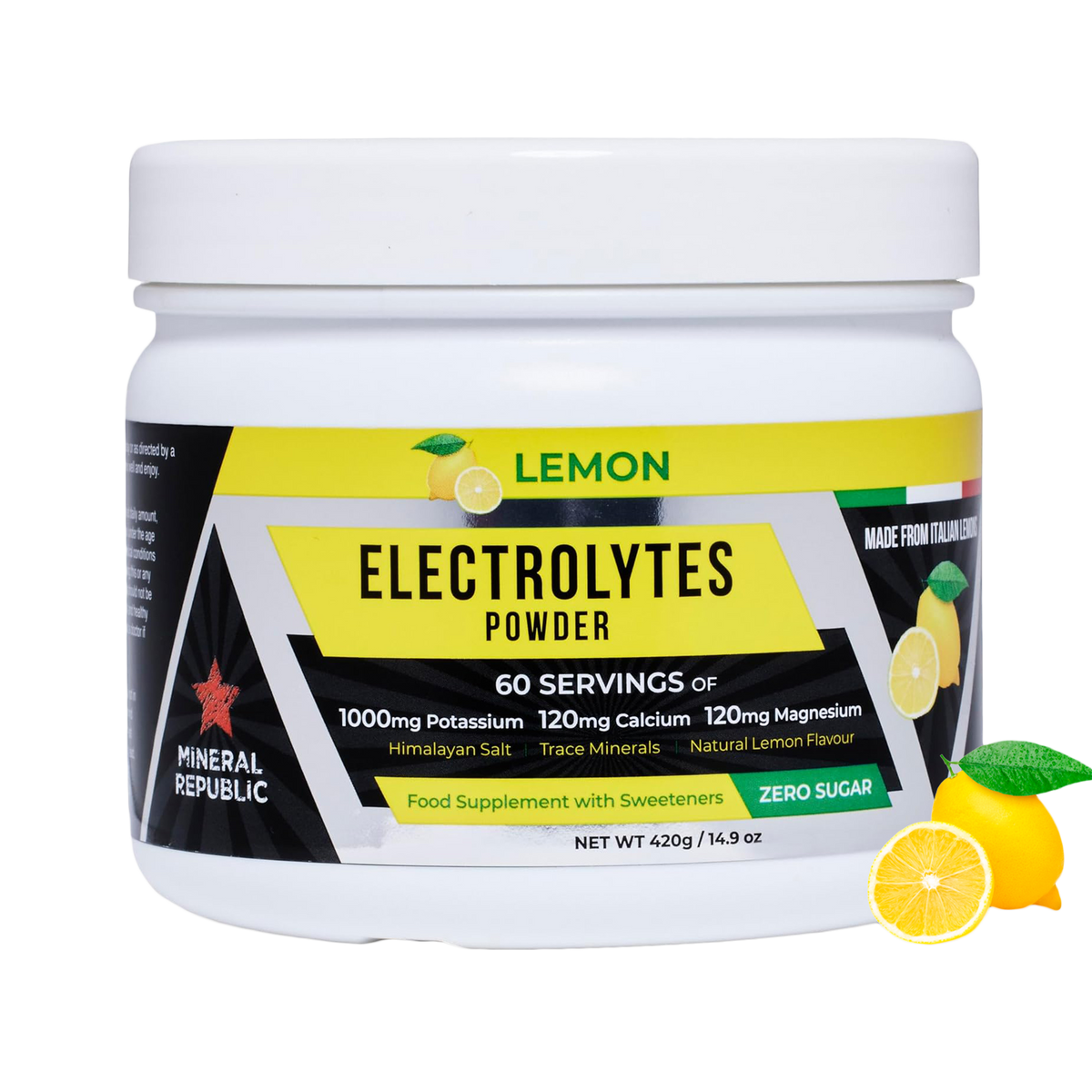 Jar of Lemon Electrolytes Powder with lemon graphics on a white background