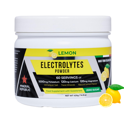 Jar of Lemon Electrolytes Powder with lemon graphics on a white background