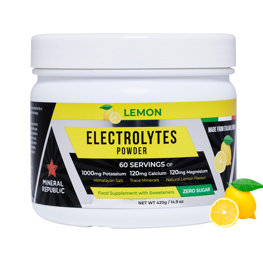 Jar of Lemon Electrolytes Powder with lemon graphics on a white background