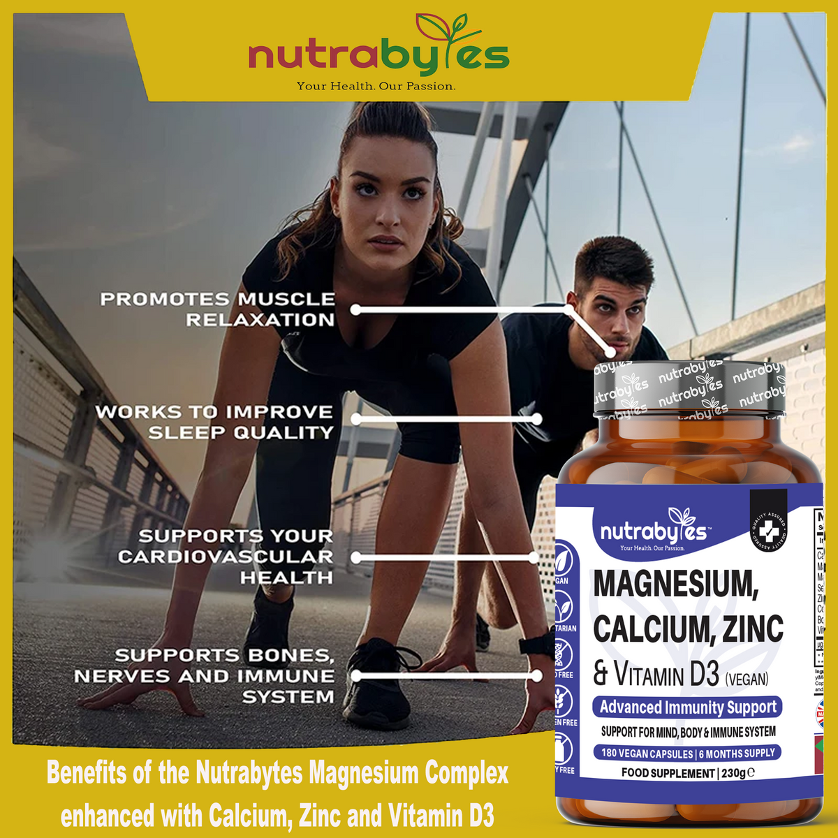 Complejo de Magnesio, Calcio, Zinc y Vitamina D3 | Apoyo Inmunológico Avanzado | 180 Cápsulas Veganas