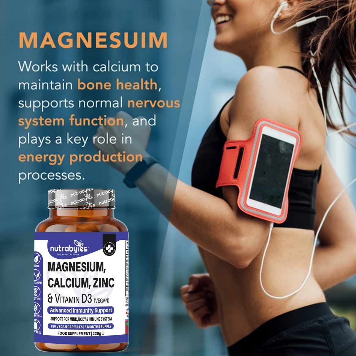 Complejo de Magnesio, Calcio, Zinc y Vitamina D3 | Apoyo Inmunológico Avanzado | 180 Cápsulas Veganas