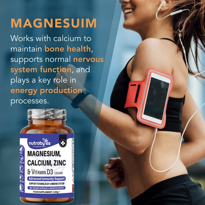 Complejo de Magnesio, Calcio, Zinc y Vitamina D3 | Apoyo Inmunológico Avanzado | 180 Cápsulas Veganas