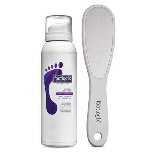 Footlogix callus softener bottle and file on a white background