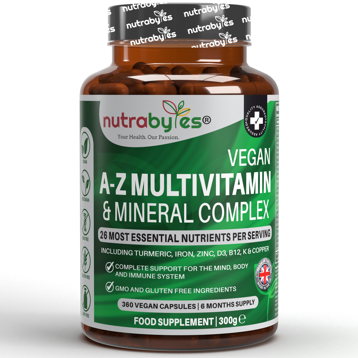 Vegan A-Z Multivitamin & Mineral Complex bottle with Nutrabytes branding on a white background