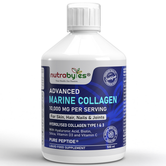 Bottle of Nutrabytes Advanced Marine Collagen supplement on a white background