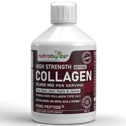 Bottle of Nutrabyles High Strength Bovine Collagen supplement on a white background