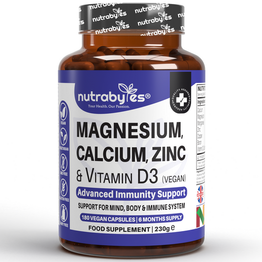 Supplement bottle labeled 'Magnesium, Calcium, Zinc & Vitamin D3' by Nutrabytes on a white background