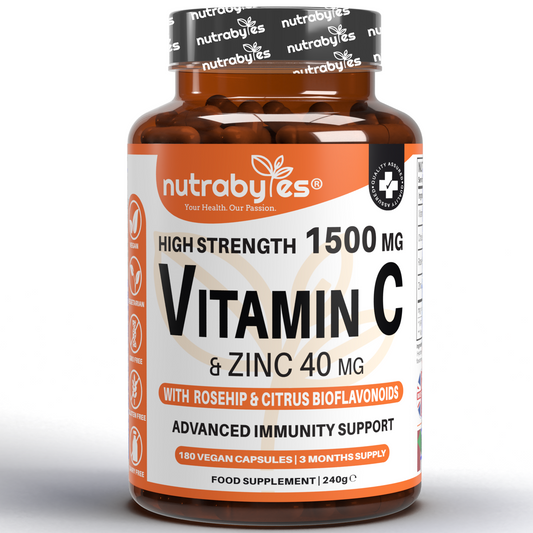 Vitamin C and Zinc supplement bottle with Nutrabyles branding on a white background