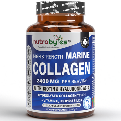 Bottle of NutraByes High Strength Marine Collagen supplement on a white background