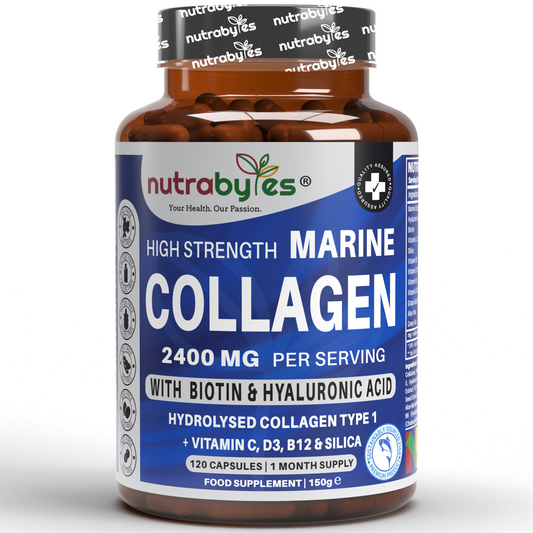 Bottle of NutraByes High Strength Marine Collagen supplement on a white background