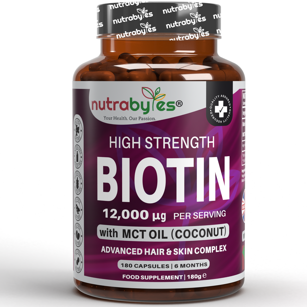Bottle of Nutrabyles High Strength Biotin supplement on a white background
