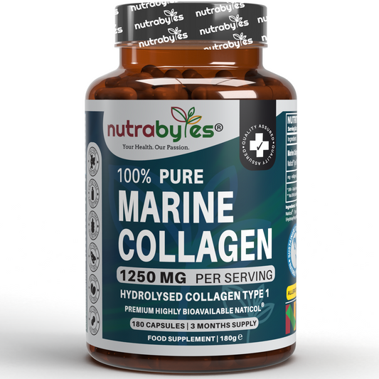 Bottle of Nutrabytes 100% Pure Marine Collagen on a white background