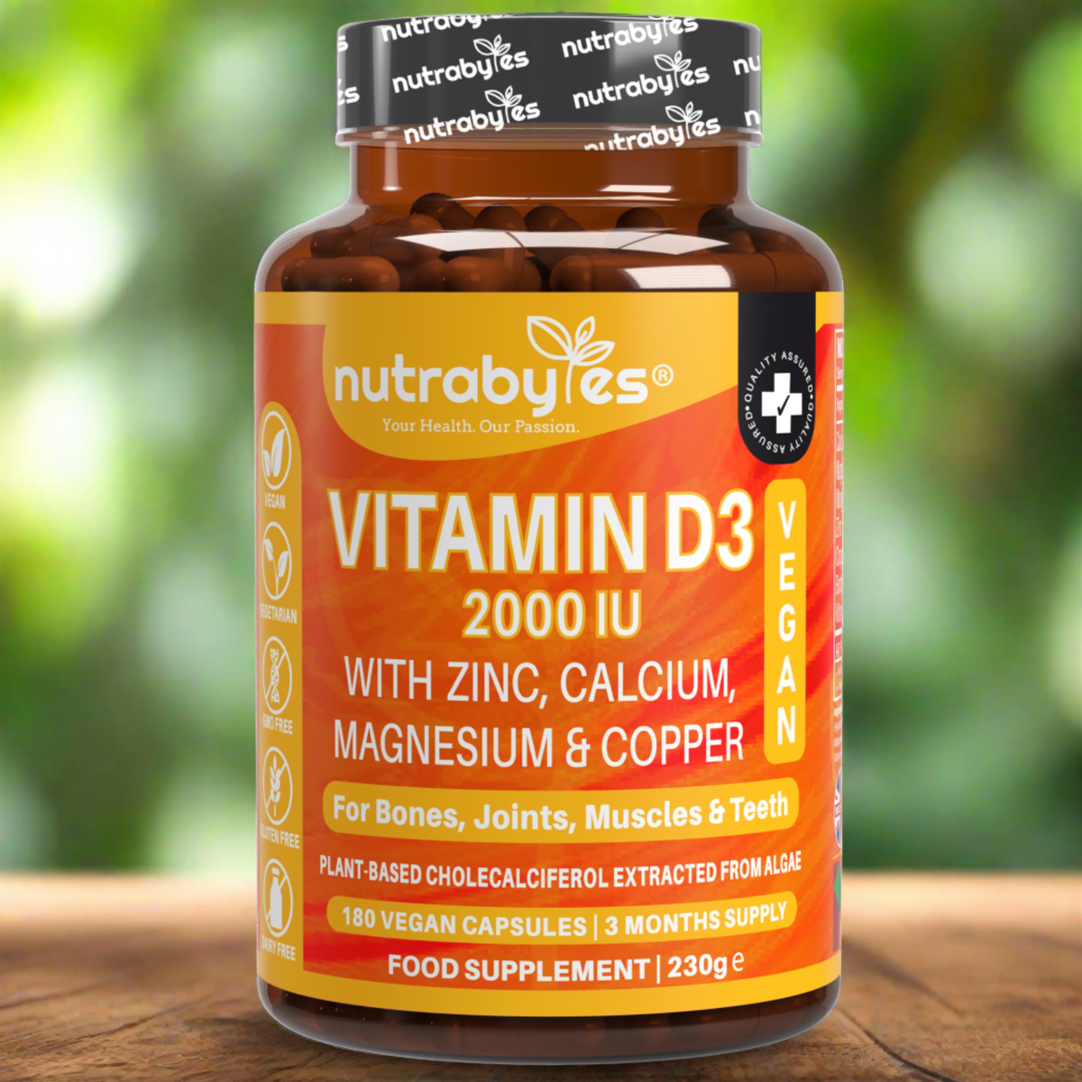 Vegan Vitamin D3 2000 IU | with Calcium, Magnesium, Zinc & Copper | 180 Capsules | 3-Month Supply
